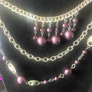 Purple and Silver bead layered ribbon Necklace